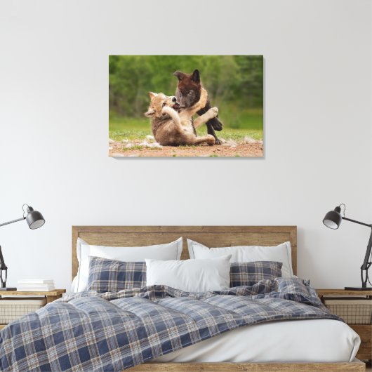 Grey Wolf Pups Worstelen Canvas Afdruk (Insitu (Slaapkamer))