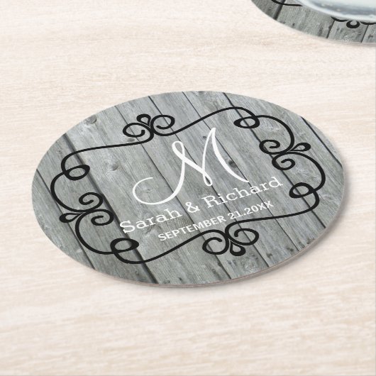 Grey Wood Country Wedding Monogram Ronde Kartonnen Onderzetter (Gebogen)