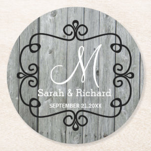 Grey Wood Country Wedding Monogram Ronde Kartonnen Onderzetter