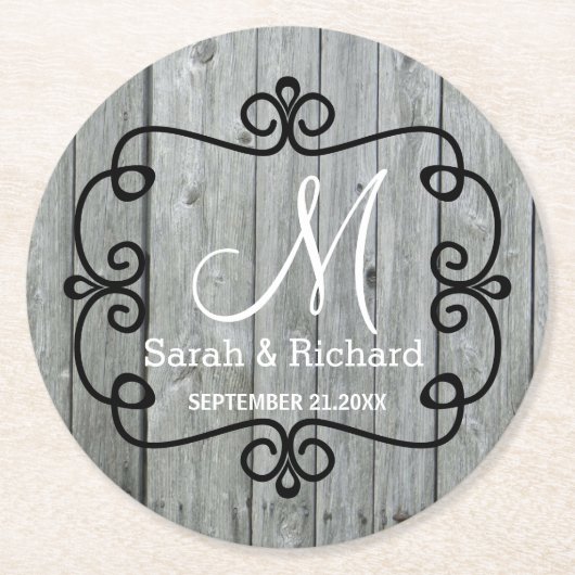 Grey Wood Country Wedding Monogram Ronde Kartonnen Onderzetter (Voorkant)