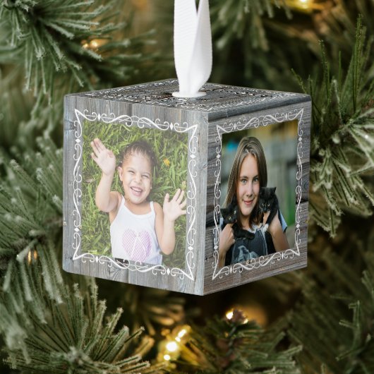 Grey Wood Cube Familie Foto Ornament (Boom)