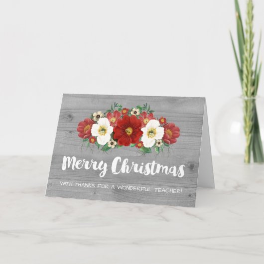 Grey Wood Red Flowers Teacher Christmas Kaart (Voorkant)