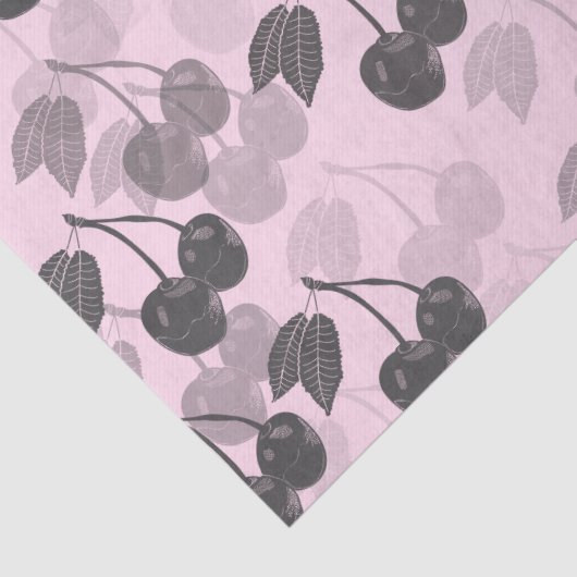Grey Woodcut Cherry Design op Roze Tissuepapier (Detail)