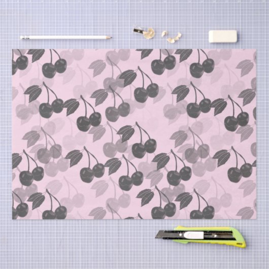 Grey Woodcut Cherry Design op Roze Tissuepapier (Craft)