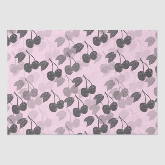 Grey Woodcut Cherry Design op Roze Tissuepapier (Voorkant)