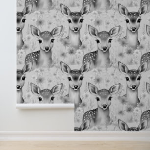 Grey Woodland Baby Herten in een bloemenveld Behang