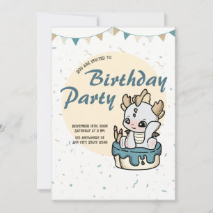 Grey Yellow Pastel Baby Dragon Verjaardagsuitnodig Kaart