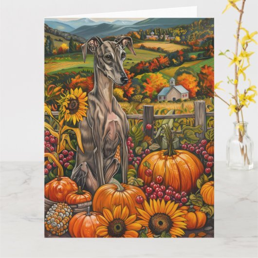 Greyhound Dog Autumn Harvest Thanksgiving Kaart (Gele Bloem)