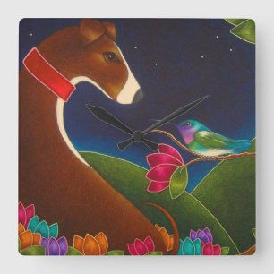 GREYHOUND DOG MET HUMMINGBIRD WALL CLOCK VIERKANTE KLOK