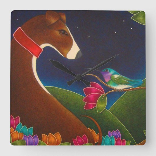 GREYHOUND DOG MET HUMMINGBIRD WALL CLOCK VIERKANTE KLOK (Voorkant)