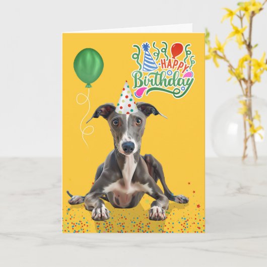 Greyhound Dog Party Hat Yellow Birthday Kaart (Gele Bloem)