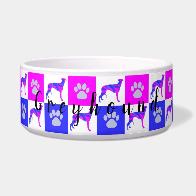 Greyhound Dog & Paw Hot Pink & Blue Pet Bowl Voerbakje (Voorkant)