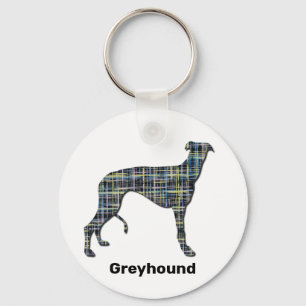 Greyhound Dog Silhouette Yellow & Blue Grids Sleutelhanger