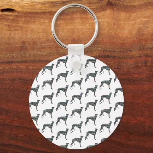 Greyhound Dog Silhouette Yellow & Blue Grids Sleutelhanger (Achterkant)