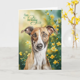 Greyhound Dog Tiny Yellow Flowers Birthday Kaart