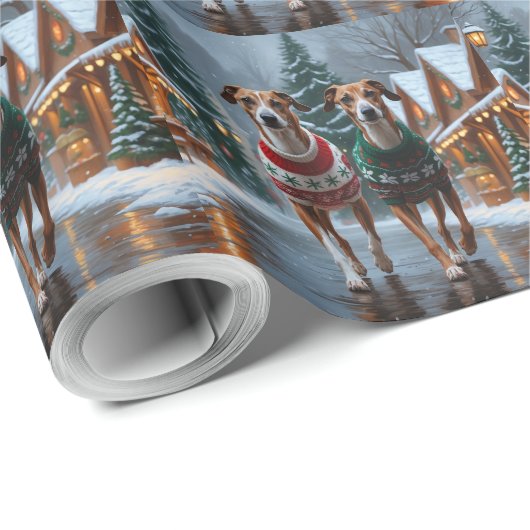 Greyhound Dogs Christmas Snow Holiday Cadeaupapier (Rol Hoek)