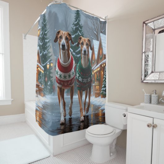 Greyhound Dogs Christmas Snow Holiday Douchegordijn (In situ)