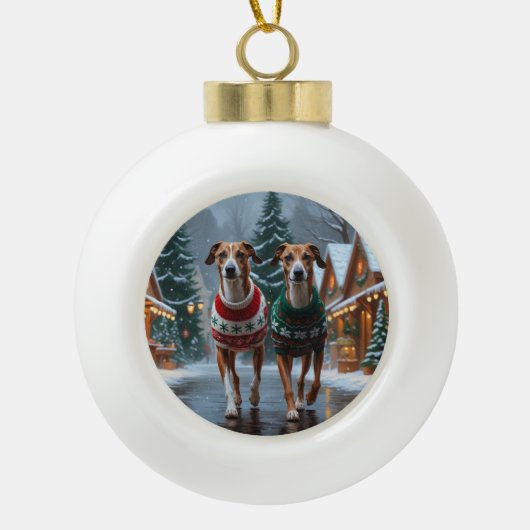 Greyhound Dogs Christmas Snow Holiday Keramische Bal Ornament (Voorkant)