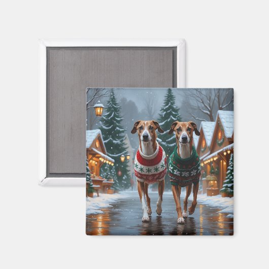 Greyhound Dogs Christmas Snow Holiday Magneet (Voorkant / Achterkant)