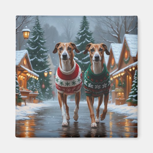 Greyhound Dogs Christmas Snow Holiday Magneet (Voorkant)