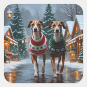 Greyhound Dogs Christmas Snow Holiday Vierkante Sticker (Voorkant)