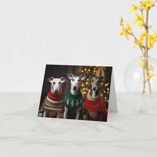 Greyhound Dogs Kerst Kaart (Gele Bloem)