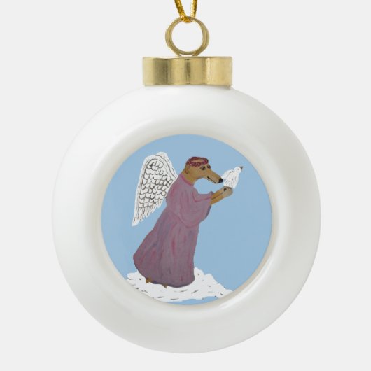 Greyhound engel met witte duif keramische bal ornament (Voorkant)
