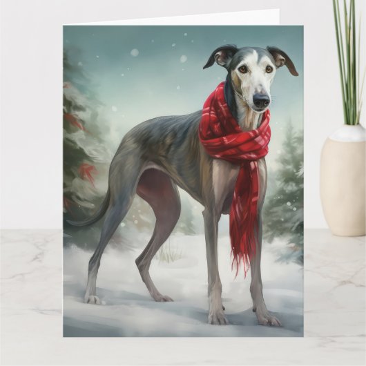 Greyhound Hond in Sneeuw Kerstmis Kaart (Voorkant)
