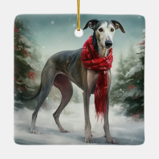 Greyhound Hond in Sneeuw Kerstmis Keramisch Ornament (Achterkant)