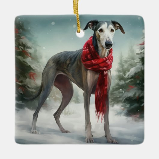 Greyhound Hond in Sneeuw Kerstmis Keramisch Ornament (Voorkant)