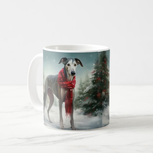 Greyhound Hond in Sneeuw Kerstmis Koffiemok (Voorkant links)