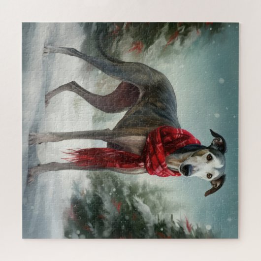 Greyhound Hond in Sneeuw Kerstmis Legpuzzel (Horizontaal)