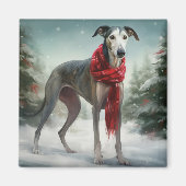 Greyhound Hond in Sneeuw Kerstmis Magneet (Voorkant)