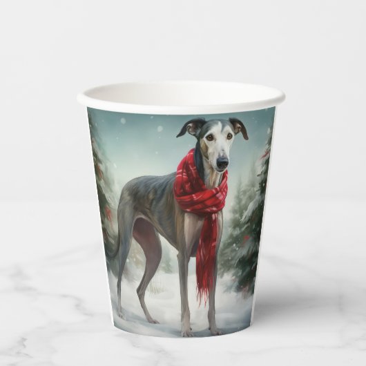 Greyhound Hond in Sneeuw Kerstmis Papieren Bekers (Voorkant)