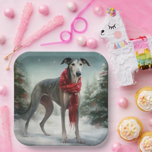 Greyhound Hond in Sneeuw Kerstmis Papieren Bordje (Feest)