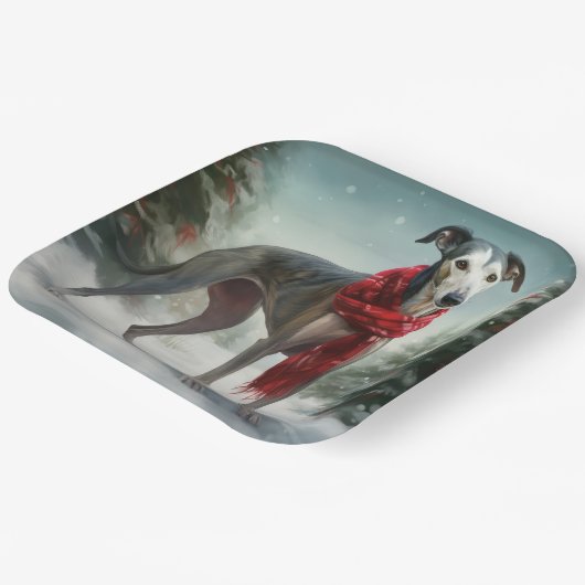Greyhound Hond in Sneeuw Kerstmis Papieren Bordje (Gebogen)