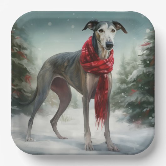 Greyhound Hond in Sneeuw Kerstmis Papieren Bordje (Voorkant)