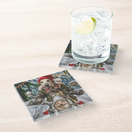 Greyhound Hond Rijden Motorfiets Kerstmis Glazen Onderzetter (Schuin)