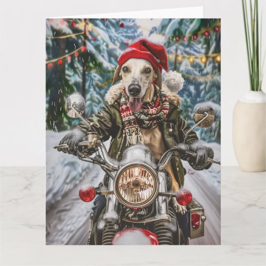 Greyhound Hond Rijden Motorfiets Kerstmis Kaart (Voorkant)