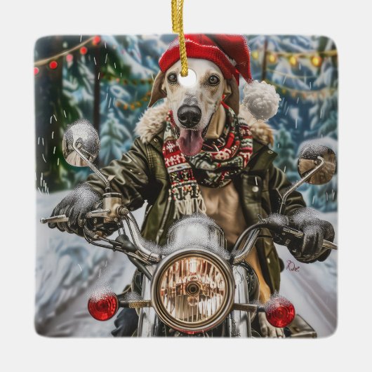Greyhound Hond Rijden Motorfiets Kerstmis Keramisch Ornament (Voorkant)