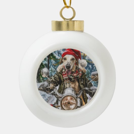 Greyhound Hond Rijden Motorfiets Kerstmis Keramische Bal Ornament (Voorkant)