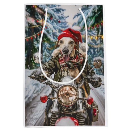 Greyhound Hond Rijden Motorfiets Kerstmis Medium Cadeauzakje (Voorkant)
