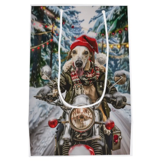 Greyhound Hond Rijden Motorfiets Kerstmis Medium Cadeauzakje (Achterkant)