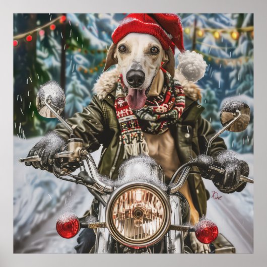 Greyhound Hond Rijden Motorfiets Kerstmis Poster (Voorkant)