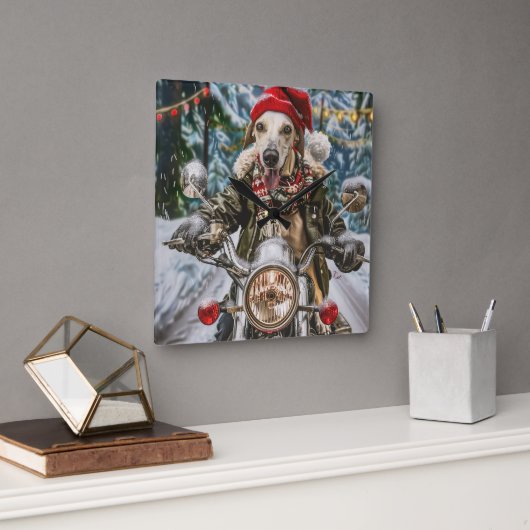 Greyhound Hond Rijden Motorfiets Kerstmis Vierkante Klok (Kantoor)