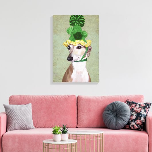 Greyhound in Groen Gebreid Pet Canvas Afdruk (Insitu (Woonkamer))