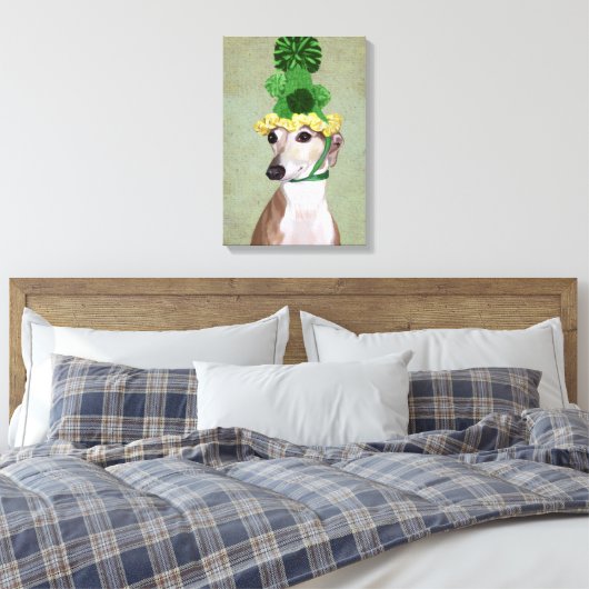 Greyhound in Groen Gebreid Pet Canvas Afdruk (Insitu (Slaapkamer))