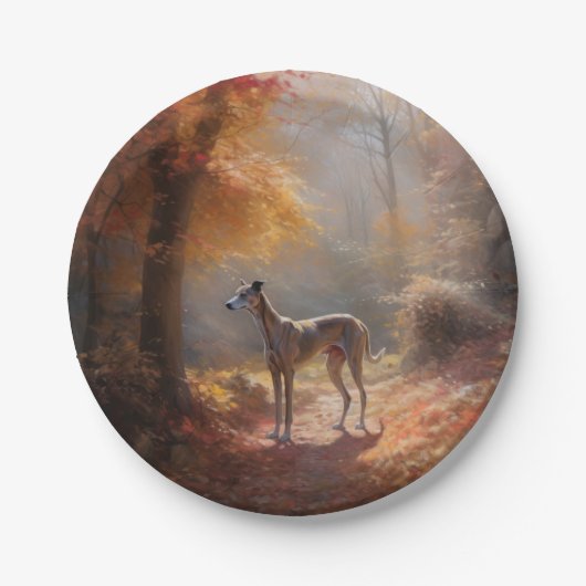 Greyhound in Herfstbladeren Herfst Inspire Papieren Bordje (Voorkant)