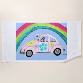 Greyhound in Hippie-auto onder een Regenboog Strandlaken