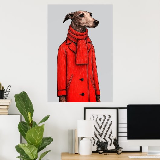 Greyhound in Vivid Red Coat, Modern Drawing Poster (Thuiskantoor)